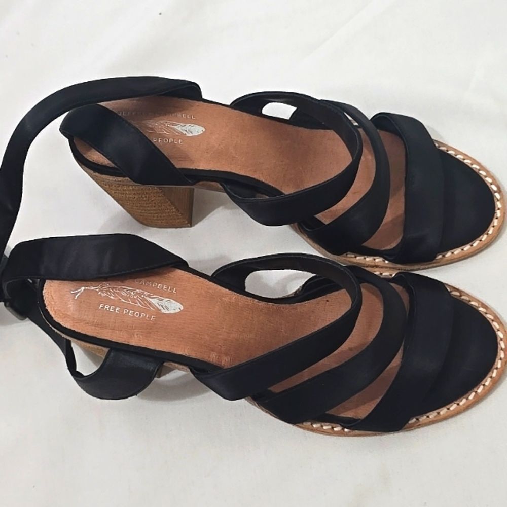 JEFFREY CAMPBELL For Free People Black Satin Strappy Heels size 7 chunky heel